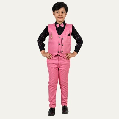 Prabhuratan Boys Casual, Festive & Party, Wedding Shirt, Waistcoat and Pant Set(Pink Pack of 1)