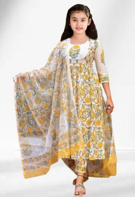 Various Vault Girls Casual Churidar and Dupatta Set(Yellow Pack of 1)