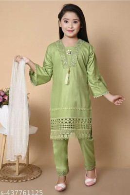 AR KEFA Girls Festive & Party Kurta, Pyjama & Dupatta Set(Green Pack of 1)