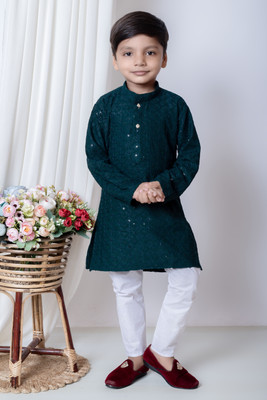 SelfiCollection Boys Festive & Party Kurta and Churidar Set(Green Pack of 1)