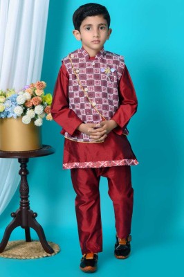 BELA BELA FASHION Baby Boys Festive & Party Kurta, Waistcoat and Pyjama Set(Maroon Pack of 3)