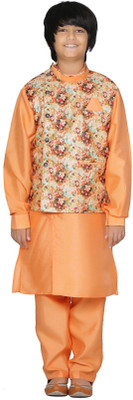 Fourfolds Boys Festive & Party Kurta, Waistcoat and Pyjama Set(Orange Pack of 1)