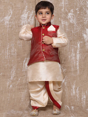 AJ Dezines Boys Festive & Party Kurta, Waistcoat and Dhoti Pant Set(Maroon Pack of 1)