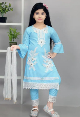 AR KKEFA Girls Casual Kurta, Pyjama & Dupatta Set(Light Blue Pack of 1)