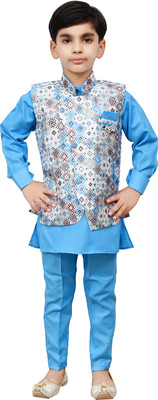 TrybeX Baby Boys Festive & Party Kurta, Waistcoat and Pyjama Set(Blue Pack of 3)