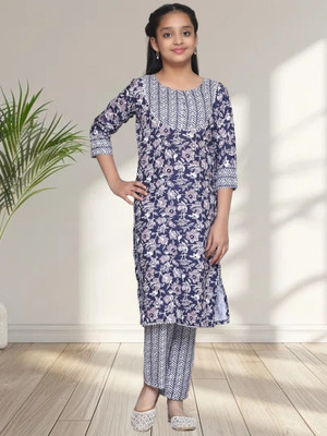 Various Vault Girls Casual Kurta and Pyjama Set(Blue Pack of 1)
