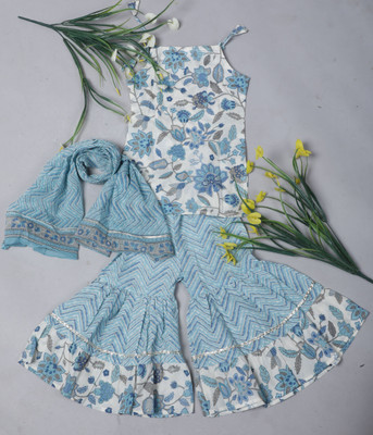 AHAANCREATION Baby Girls Festive & Party Kurta and Sharara Set(Blue Pack of 1)