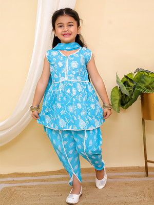 AJ Dezines Girls Festive & Party Kurta, Pyjama & Dupatta Set(Blue Pack of 1)