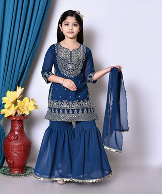 Mselimdresses Girls Casual Kurta and Sharara Set(Blue Pack of 1)