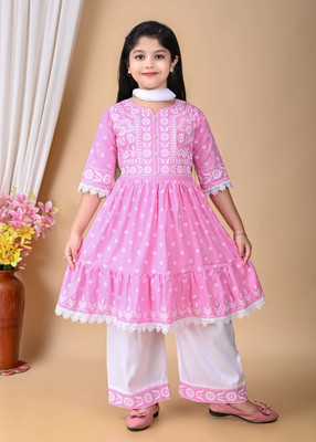 ZAYA Girls Festive & Party Kurta and Palazzo Set(Pink Pack of 1)