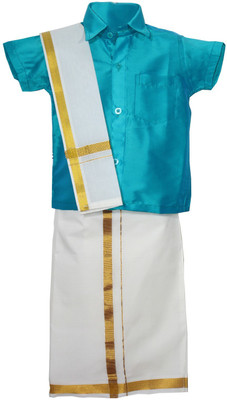 LEGHANGA WORLD Boys Festive & Party Dhoti, Shawl and Shirt Set(Blue Pack of 1)