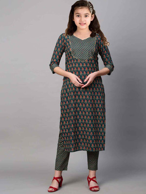 SATVASHIV Girls Festive & Party, Casual Kurta and Pyjama Set(Green Pack of 1)