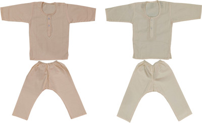 100LUCK Boys & Girls Casual Kurta and Pyjama Set(Beige Pack of 2)