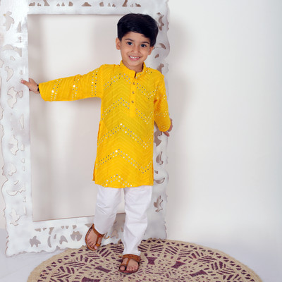 Superminis Boys Festive & Party Kurta and Pyjama Set(Yellow Pack of 1)