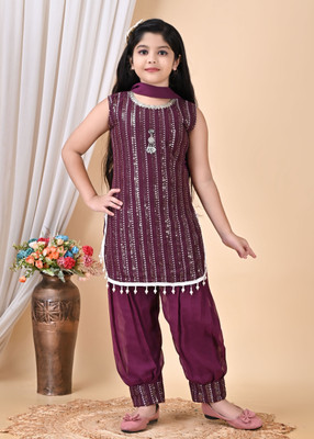 SK Fashions Girls Festive & Party Kurta and Patiala Set(Purple Pack of 1)