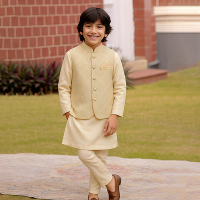 Kidbea Boys Festive & Party Kurta and Pyjama Set(Gold Pack of 1)