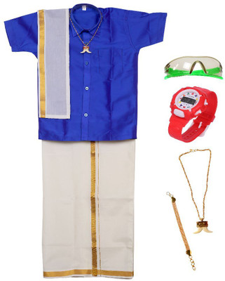 joy readymades Boys Festive & Party Dhoti, Shawl and Shirt Set(Blue Pack of 1)