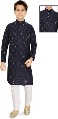 Brofun Boys Festive & Party Kurta and Pyjama Set(Dark Blue Pack of 1)