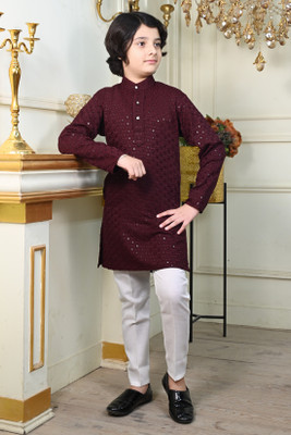 AHHAAAA Boys Festive & Party Kurta and Pyjama Set(Maroon Pack of 1)