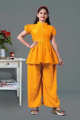 JK Creation Girls Festive & Party Kurta and Palazzo Set(Yellow Pack of 1)