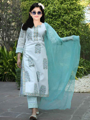 Mitukart Girls Casual Churidar and Dupatta Set(Blue Pack of 3)