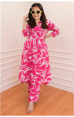 Bholukart Girls Festive & Party Kurta and Trouser Set(Pink Pack of 1)