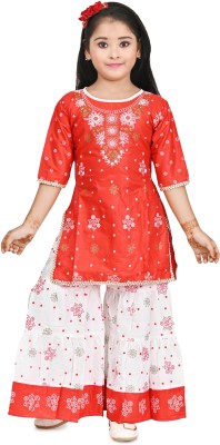 Suhana Kolkata Girls Festive & Party Kurta and Palazzo Set(Red Pack of 1)