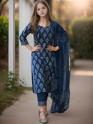 Meraki Fab Girls Casual Kurta, Pyjama & Dupatta Set(Dark Blue Pack of 1)