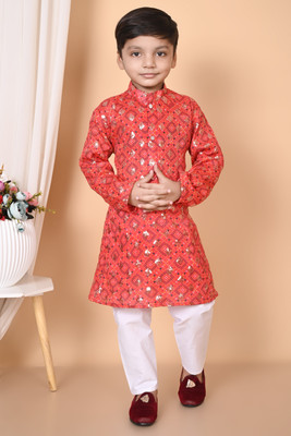HouseOfCommon Boys Festive & Party Kurta and Churidar Set(Red Pack of 1)