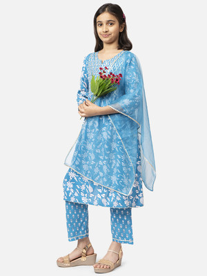 CHANDRAWAT Girls Festive & Party Kurta, Pyjama & Dupatta Set(Light Blue Pack of 1)