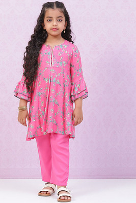 BIBA Girls Festive & Party Kurta and Trouser Set(Pink Pack of 2)