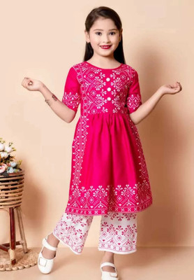 Akm Fashion Girls Festive & Party, Casual, Wedding Kurta and Palazzo Set(Pink Pack of 1)