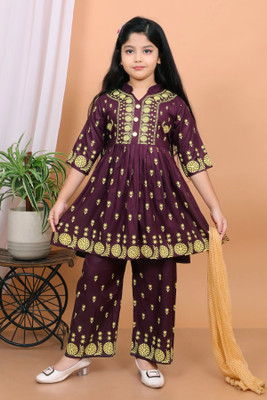 M M NAJRIN FASHION Girls Festive & Party Kurta, Churidar & Dupatta Set(Purple Pack of 1)