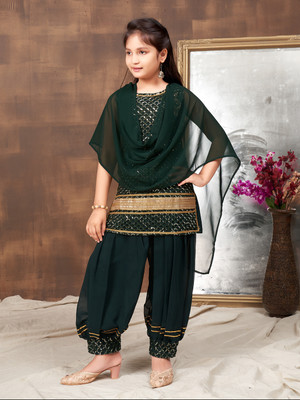 Aarika Girls Festive & Party Kurta and Patiala Set(Dark Green Pack of 1)