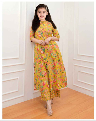 ROSMEAN Girls Formal Kurta and Trouser Set(Yellow Pack of 1)