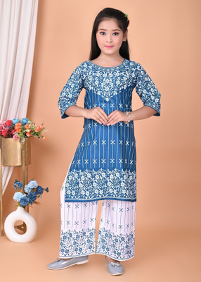 KF Kolkata Fashion Girls Festive & Party Kurta and Palazzo Set(Light Blue Pack of 1)