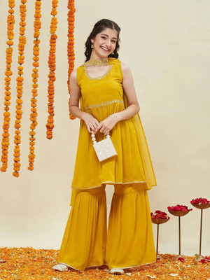 Curly Tales Girls Festive & Party Kurta and Sharara Set(Yellow Pack of 1)