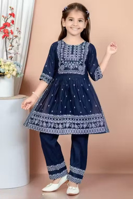 Fabricious Girls Festive & Party Kurta and Palazzo Set(Dark Blue Pack of 1)