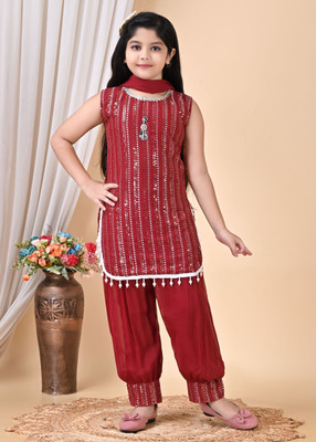 SK Fashions Girls Festive & Party Kurta and Patiala Set(Maroon Pack of 1)