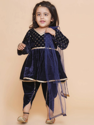 FHKIDS FASHION Baby Girls Festive & Party Angarkha, Dhoti & Dupatta Set(Dark Blue Pack of 1)
