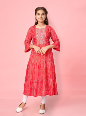 Sangria Girls Printed Flared Kurta(Red)