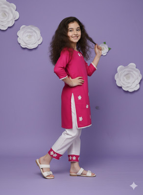 FLEXAA Girls Festive & Party, Casual, Formal, Wedding Kurta and Trouser Set(Pink Pack of 1)