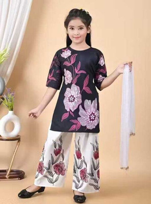MYTEX FASHION Baby Girls Casual Kurti, Patiala and Dupatta Set(Black Pack of 1)