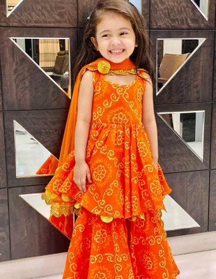 kalaliya Girls Festive & Party Kurta, Pyjama & Dupatta Set(Orange Pack of 1)
