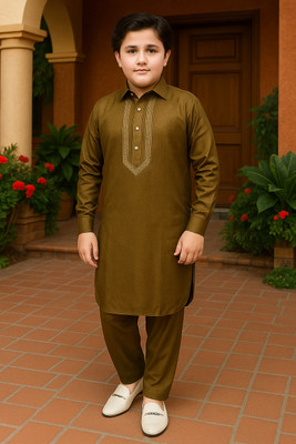 One Fort Boys Festive & Party Pathani Suit Set(Beige Pack of 1)
