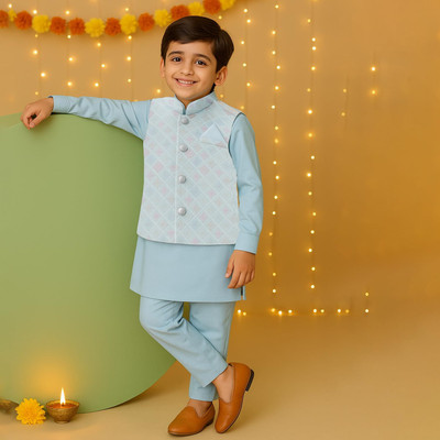Kidbea Boys Festive & Party Kurta and Pyjama Set(Blue Pack of 1)