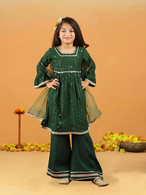 CUTIEKINS Girls Festive & Party Kurta and Palazzo Set(Dark Green Pack of 1)