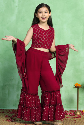 Sangria Girls Festive & Party Kurta and Sharara Set(Maroon Pack of 1)