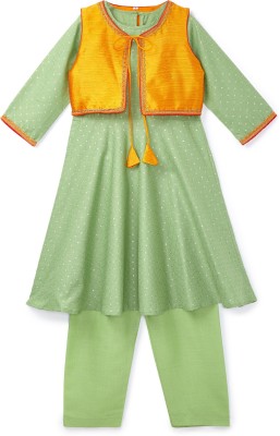 K&U Girls Festive & Party Ethnic Jacket, Kurta and Palazzo Set(Green Pack of 1)