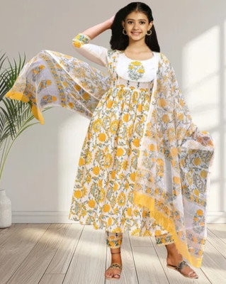 Various Vault Girls Casual Churidar and Dupatta Set(Yellow Pack of 1)